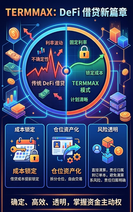 A promotional graphic for TERMMAX: DeFi 借贷新篇章, contrasting traditional DeFi lending with TERMMAX's fixed-rate model, highlighting cost locking, asset tokenization, and transparent risk.
