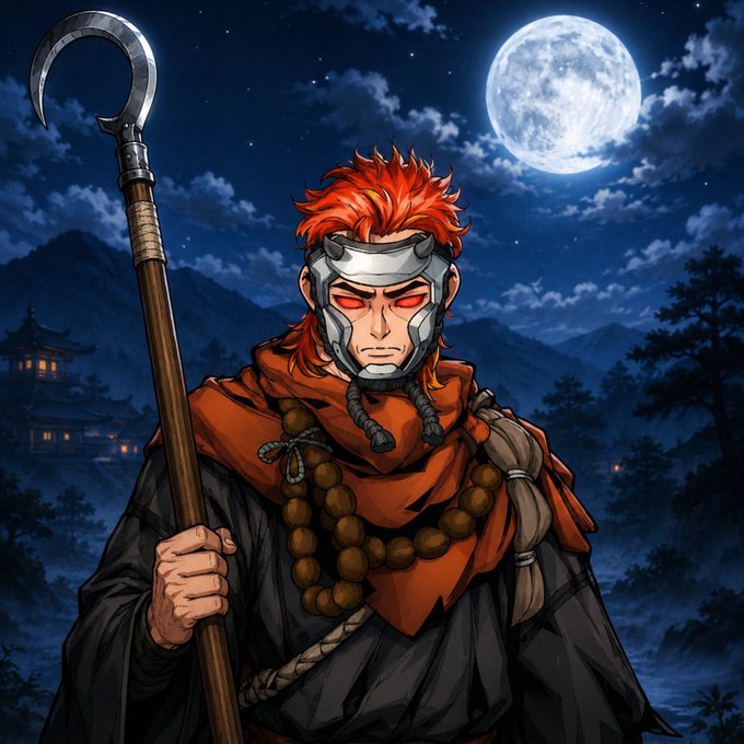 A fierce warrior with glowing red eyes and flaming red hair stands beneath a luminous full moon, gripping a hooked staff while wearing a steel half-mask, prayer beads, and a red scarf—evoking the post's message of disciplined rest as a means of inner sharpening before the next battle.