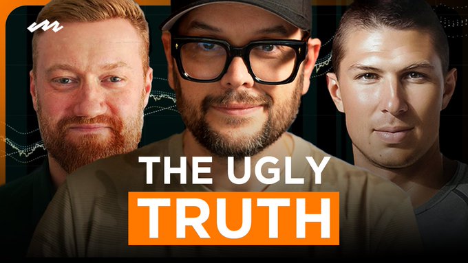 The image is a YouTube thumbnail featuring three men against a dark background with faint chart graphics, overlaid with bold text reading "THE UGLY TRUTH." It promotes a new episode of Bitcoin Uncharted where the host analyzes charts with guests @TheRealPlanC and @1basemoney to demonstrate why attempting to time Bitcoin is a losing strategy.