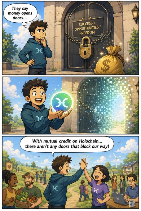 A three-panel comic showing a young man using a glowing "X" digital token to open a door labeled "SUCCESS/OPPORTUNITIES/FREEDOM," declaring "With mutual credit on Holochain... there aren't any doors that block our way!"