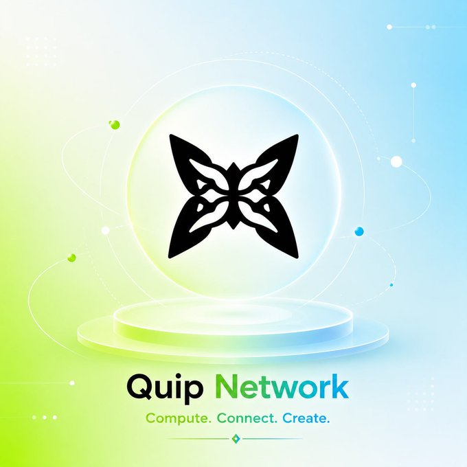 A promotional graphic for 'Quip Network' displaying a black butterfly-like logo above a glowing podium, with the tagline 'Compute. Connect. Create.'