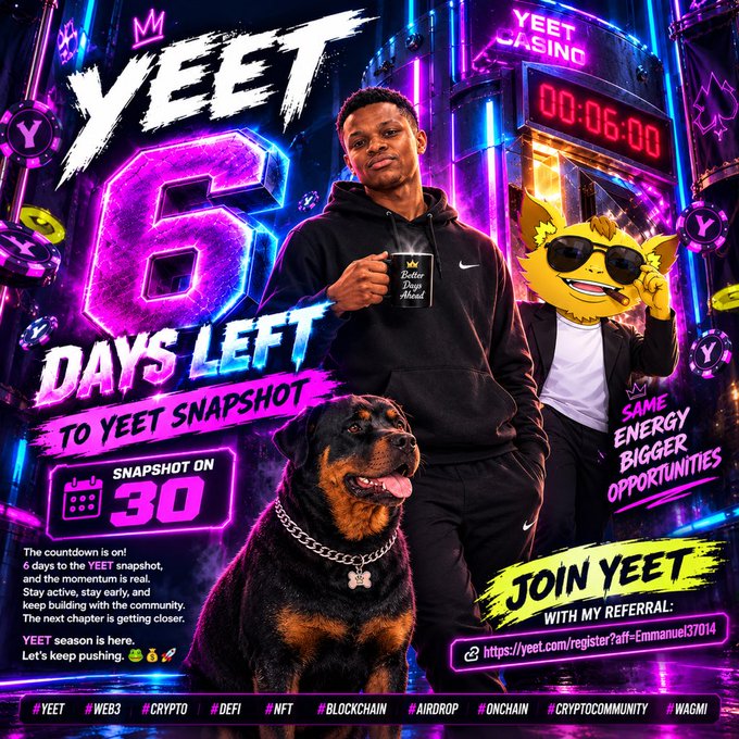 Promotional poster for 'YEET' featuring a man with a dog, announcing '6 DAYS LEFT TO YEET SNAPSHOT' on September 30 with a referral link to yeet.com.