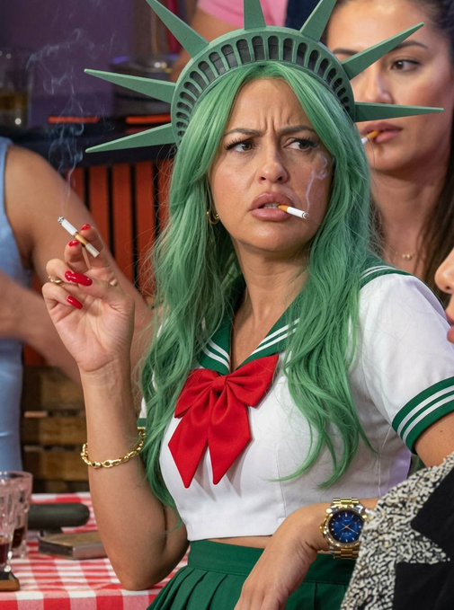 A woman wearing a green wig styled like the Statue of Liberty's spiked crown and a sailor-style school uniform with a red bow smokes a cigarette while giving a skeptical side-eye expression, surrounded by other people at what appears to be a social gathering. The image cleverly visualizes the "HEX haters in disbelief $HEX" caption by using the iconic Lady Liberty imagery to evoke American skepticism or mockery, contrasting patriotic symbolism with a rebellious attitude toward crypto critics.