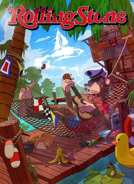 A colorful illustrated Rolling Stone magazine-style cover showing a chimpanzee in a sailor hat playing a ukulele while lounging in a hammock on a tropical wooden dock with flags, a rubber duck, and a frog.