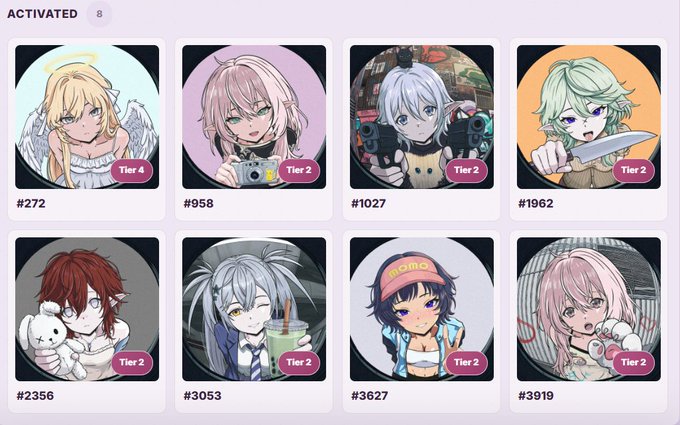An 'ACTIVATED' gallery view showing eight circular character profile pictures numbered #272 through #3919, mostly featuring anime-style female characters tagged as 'Tier 2' or 'Tier 4'.