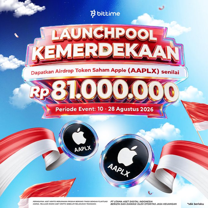 A promotional graphic from Bittime advertising an 'Launchpool Kemerdekaan' event offering an airdrop of AAPLX tokens valued at Rp 81,000,000, running August 10–28, 2026, featuring Apple logos and Indonesian flags.