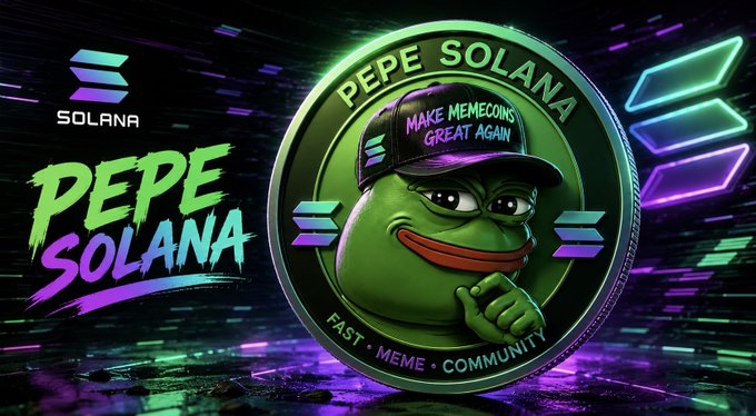 A promotional graphic for the 'PEPE SOLANA' cryptocurrency showing the Pepe the Frog character wearing a 'MAKE MEMECOINS GREAT AGAIN' cap, with the Solana logo and tagline 'FAST • MEME • COMMUNITY'.