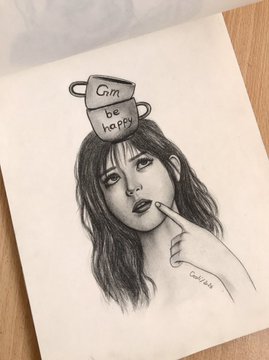 The image features a black and white drawing of a woman with long hair, who has her head tilted back as if she's thinking or pondering something. The drawing includes two cups placed on top of her head, which are labeled "Gm happy Friday Happiness begins with a simple thought". The post also mentions that the drawing is from a sketch artist named "Ollie" and was created by an artist named "Caitlyn".