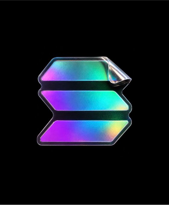 A stylized logo icon featuring three stacked, folded rectangular shapes with an iridescent rainbow gradient effect on a black background.