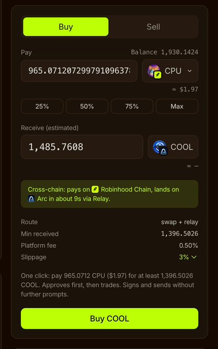 A cryptocurrency swap interface showing a purchase of 1,485.7608 COOL tokens using 965.07120729979109637 CPU (~$1.97), with a cross-chain route via Robinhood Chain to Arc in about 9 seconds.