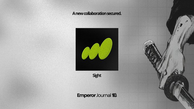 A promotional graphic announces "A new collaboration secured" with Sight, featuring the bright green Sight logo on a black square alongside an illustration of a foot in a white sneaker gripping a skateboard. The Emperor Journal branding appears at the bottom, visually tying the announcement to Sight's new prediction market layer being built for Robinhood Chain.