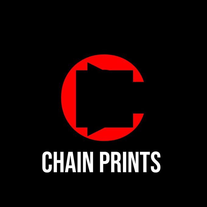 The image displays the Chain Prints logo, featuring a red circle with a stylized black "C" that incorporates a 3D printer-like design, set against a black background with the bold white text "CHAIN PRINTS" below. This visual branding aligns with the post highlighting Chain Prints HQ's role in bringing Web3 into the physical world through high-quality 3D printing services tailored for crypto communities and blockchain events.