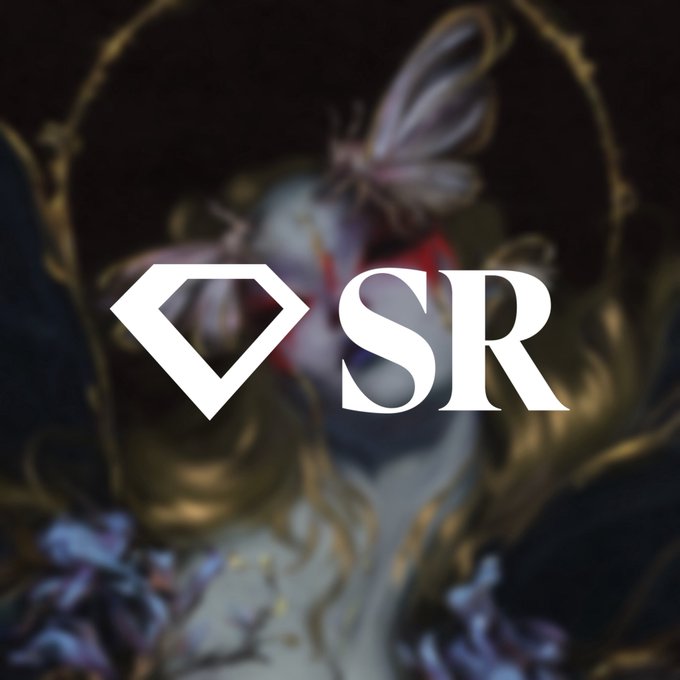 A blurry image of a fantasy character with white wings and dark hair, obscured by a large white 'SR' logo with a diamond shape.