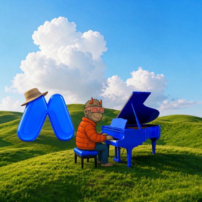 A digital illustration of a monkey character in an orange jacket and red glasses playing a blue grand piano on a grassy hill next to a blue abstract 'M' wearing a straw hat.