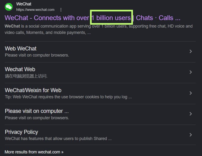 A mobile Google search results page for WeChat (wechat.com) with the phrase '1 billion users' highlighted in a yellow box, showing links to Web WeChat, WeChat Web, and WechatWeixin for Web.