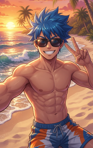 Anime-style illustration of a muscular man with blue spiky hair and sunglasses, wearing blue and orange swim trunks, making a peace sign on a tropical beach at sunset.