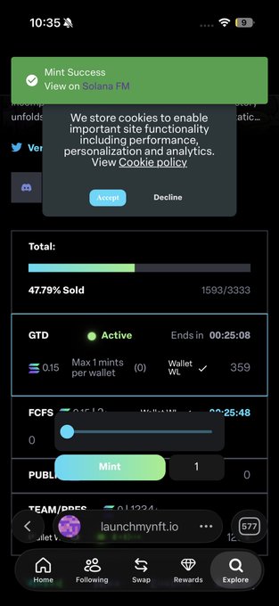 A mobile screenshot of a crypto/NFT minting interface showing a 'Mint Success' notification, a cookie consent pop-up, and progress bars indicating '47.79% Sold' (1593/3333) with a 'GTD Active' countdown timer, accessed via launchmynft.io.