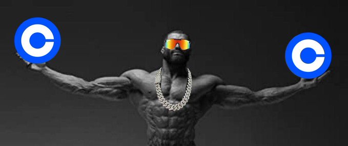 A muscular man wearing sunglasses and a gold chain flexing his arms outward, with Coinbase (C) logos floating on both sides of him.