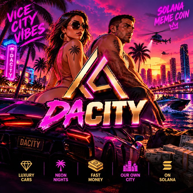 A neon Solana-themed poster advertises “Dacity,” with the slogans “VICE CITY VIBES” and “SOLANA MEME COIN,” featuring luxury cars, nightlife, fast money, and city imagery.