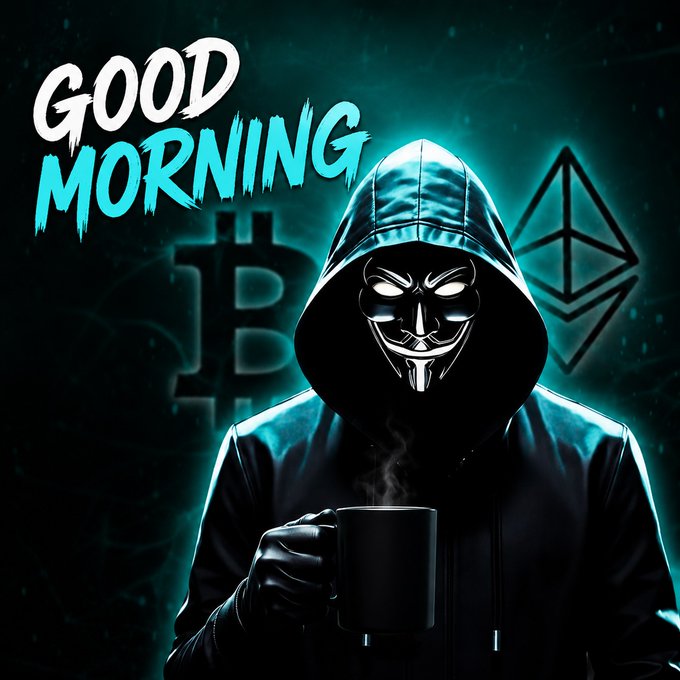 A 'Good Morning' graphic featuring an Anonymous/Guy Fawkes figure in a hooded sweatsuit holding a coffee mug, with Bitcoin and Ethereum symbols in the dark teal background.