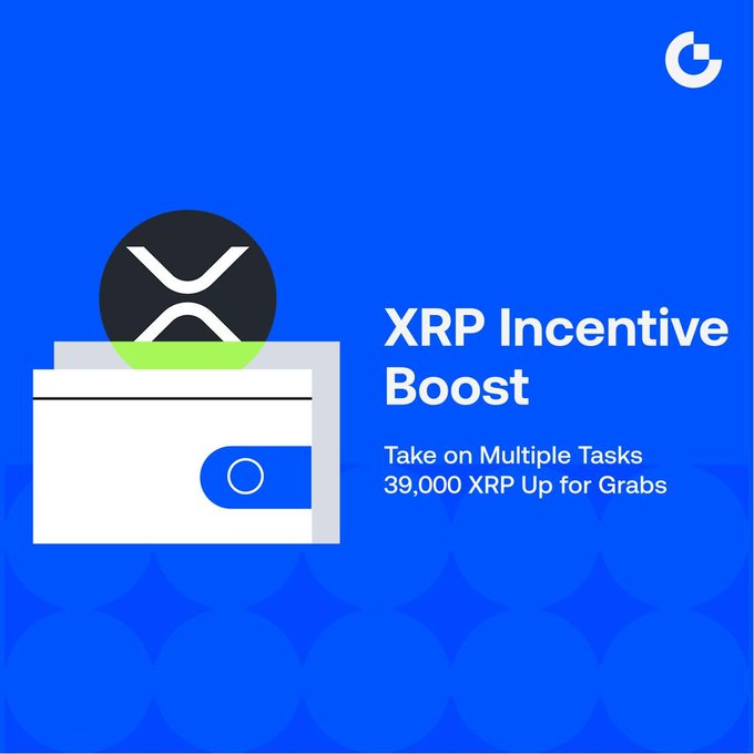 A blue promotional graphic features a black circular XRP coin icon emerging from a white wallet illustration on the left, with bold white text on the right announcing "XRP Incentive Boost" and "Take on Multiple Tasks 39,000 XRP Up for Grabs," directly reinforcing the accompanying post's message about the new reward campaign offering up to 39,000 XRP across four reward mechanics, including new user trading rewards, an XRP holding snapshot, and a dual reward pool for futures.