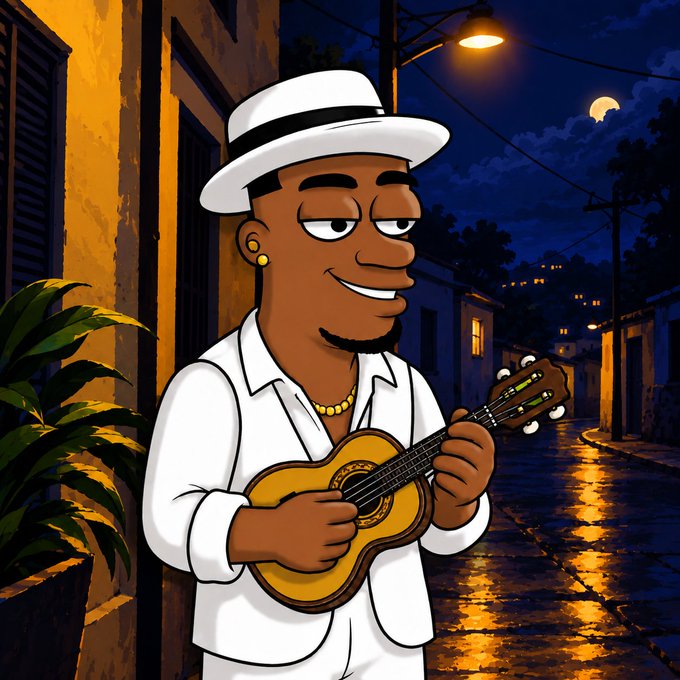 Cartoon-style illustration of a smiling dark-skinned man wearing a white suit and fedora hat, playing a guitar on a cobblestone street at night under a crescent moon.