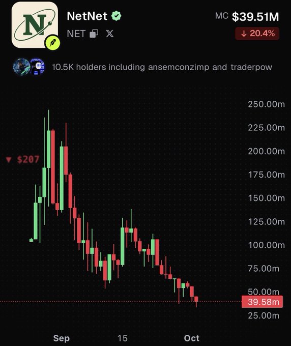 A cryptocurrency price chart for "NetNet" (NET) showing a market cap of $39.51M and a 20.4% decrease, with 10.5K holders, displaying a downward price trend from late August through October.