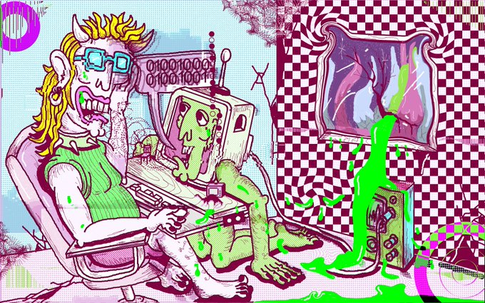 A vibrant, surreal digital illustration shows a horned, glasses-wearing figure at a computer with a green monitor displaying a creature, while green liquid spills across a checkered room containing a warped painting.