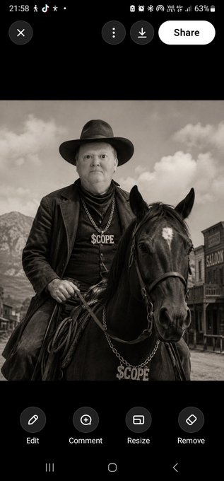 A sepia-toned vintage-style photo edited on a phone showing a man wearing a hat and a shirt with '$COPE' written on it, sitting on a horse in a Western town setting.