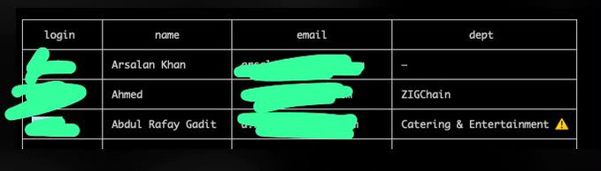 A screenshot of a directory table showing employee listings, including Arsalan Khan (no department), Ahmed (ZIGChain), and Abdul Rafay Gadit (Catering & Entertainment), with a warning emoji beside the Catering & Entertainment department—likely indicating the user's new placement within ZIGChain, while "no department" humorously reflects their comment about not having one.