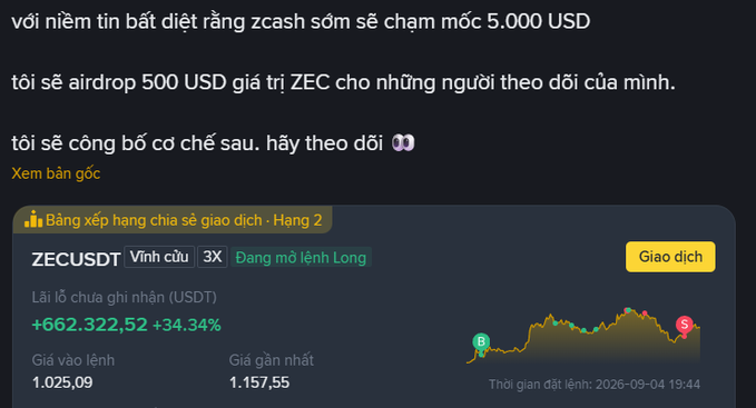 A Vietnamese social media post expressing belief that Zcash will soon reach $5,000 USD and offering a 500 USD ZEC airdrop to followers, alongside a Binance trading panel showing ZECUSDT with +34.34% unrealized profit.