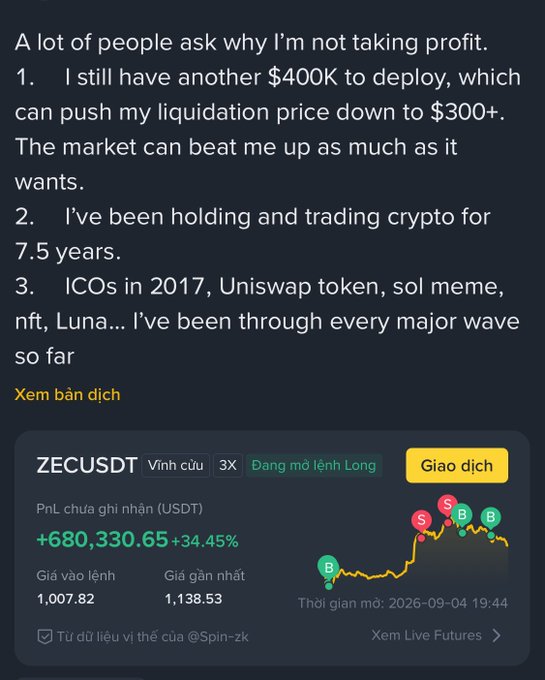 A trading screenshot showing a ZECUSDT long position with +680,330.65 (+34.45%) unrealized PnL, entry price 1,007.82 and last price 1,138.53, alongside text explaining why the trader isn't taking profit, citing $400K still to deploy and 7.5 years of crypto experience.