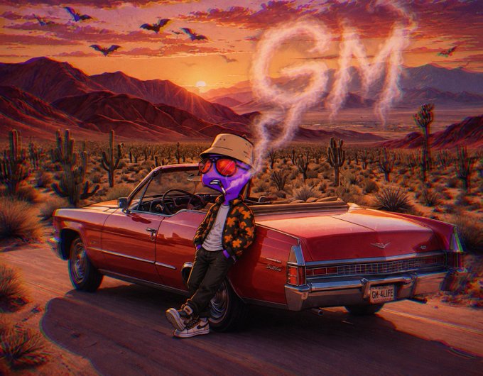 The image features a red car with a person wearing sunglasses, hat, and a jacket leaning against the back window. The car has a "G" painted on its side, which appears to be a logo or a name tag. In the background, there are mountains under a sunset sky, creating a picturesque setting for this scene. The post that accompanies the image reads: "GM from the Land of the Lost".