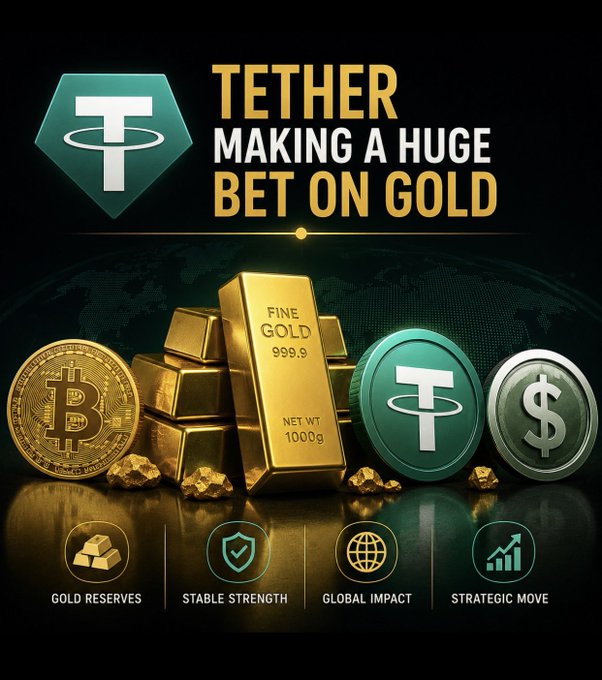 A graphic titled 'TETHER MAKING A HUGE BET ON GOLD' featuring Bitcoin, gold bars, Tether, and dollar coins, with icons labeled 'GOLD RESERVES, STABLE STRENGTH, GLOBAL IMPACT, STRATEGIC MOVE'.