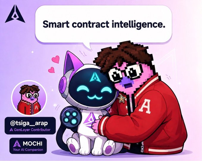 A promotional graphic for GenLayer featuring a pixelated character in a red jacket hugging a cat-like robot mascot named MOCHI, with text reading 'Smart contract intelligence' and crediting @tsiga_arap as a GenLayer Contributor.