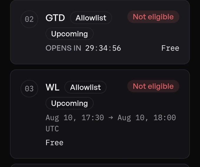 A dark-themed mobile app interface showing two allowlist events labeled "02 GTD" and "03 WL", both marked "Not eligible", with the GTD event opening in 29:34:56.