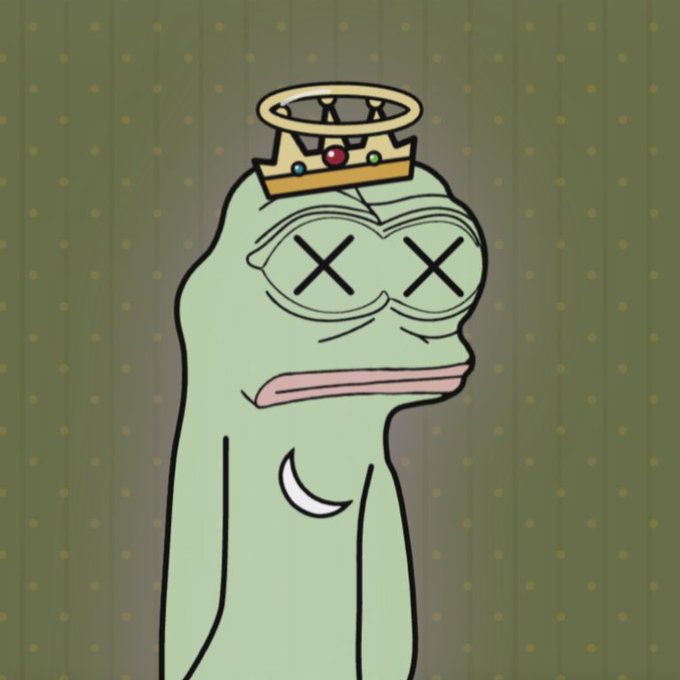 A cartoon illustration of a green frog character with X's for eyes, wearing a crown, set against a green striped background.