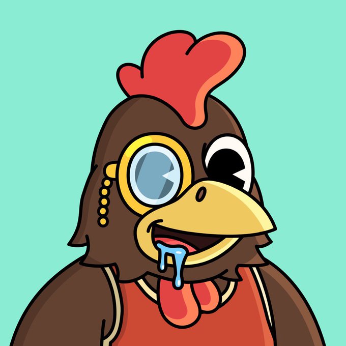 A cartoon illustration features a brown chicken with a red comb, drooling blue liquid, and wearing a yellow steampunk goggles.