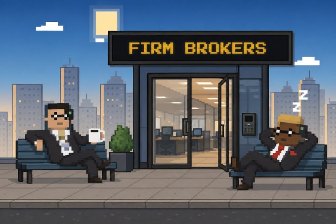A pixel art illustration of two businessmen in suits sitting on benches outside a 'FIRM BROKERS' office building in a city, with one holding a coffee cup and the other appearing to sleep with 'Z's.