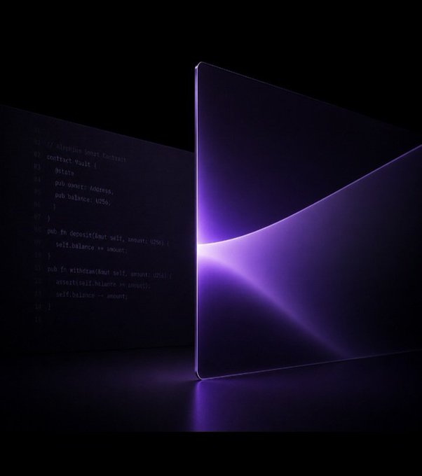A dark, moody tech image showing two transparent screens displaying purple light, with faint code visible on the left panel showing Rust programming language code.