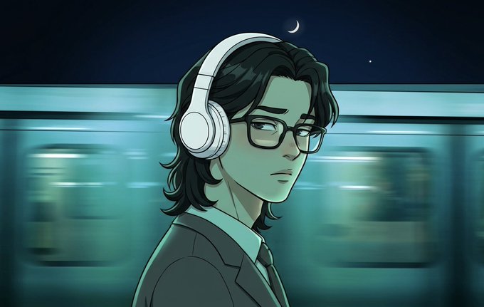 An animated illustration shows a young man with glasses and white headphones, dressed in a suit, standing against a backdrop of a moving subway train at night with a crescent moon and stars in the sky.