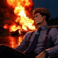 An animated male character with brown hair stands in profile before a large blazing fire at night, wearing a blue shirt and tie.
