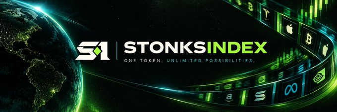 A promotional banner for STONKSINDEX featuring the tagline 'ONE TOKEN. UNLIMITED POSSIBILITIES.' against a backdrop of Earth and stock ticker symbols including Bitcoin, Apple, and Meta logos.