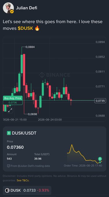 The image shows a Binance Trade Widget for DUSK/USDT, displaying Julian Defi's spot buy at 0.0736 for 543 DUSK (~$39.96), along with a candlestick chart highlighting the entry and current price showing a -3.93% decline to 0.0733. The widget exemplifies the feature described in the post, linking a real trade directly to the social post with auto-generated price chart and position data.