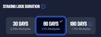 A staking lock duration interface showing three tiers for $ADI token staking: 30 days with a 0.58x multiplier, 90 days selected with a 1.17x multiplier, and 180 days with a 1.75x multiplier.