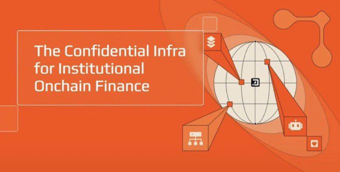 An orange presentation slide titled “The Confidential Infra for Institutional Onchain Finance,” with blockchain-themed icons and network graphics.