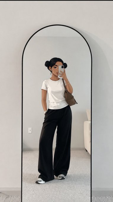 A mirror selfie of a woman wearing a white fitted t-shirt, black wide-leg pants, and black and white sneakers, carrying a brown handbag with her hair styled in two space buns.