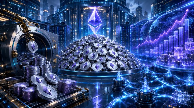 A futuristic digital artwork displaying a large pile of Ethereum coins, with a glowing Ethereum logo above, set against a backdrop of skyscrapers, industrial machines, and rising stock charts.