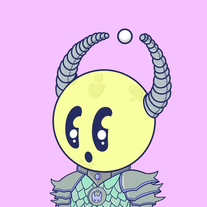 A cartoon illustration of a yellow moon-like character with large expressive eyes, gray horns, and green scale armor against a pink background.