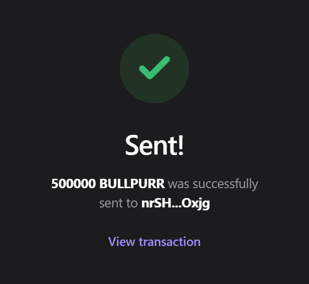 A dark confirmation screen shows a green checkmark indicating a successful transaction of 500,000 BULLPURR sent to the wallet address "nrSH...Oxjg," with a "View transaction" link below. This image appears to be visual proof of the airdrop claim being promoted in the post, suggesting the airdrop has been delivered to a recipient's Solana wallet.